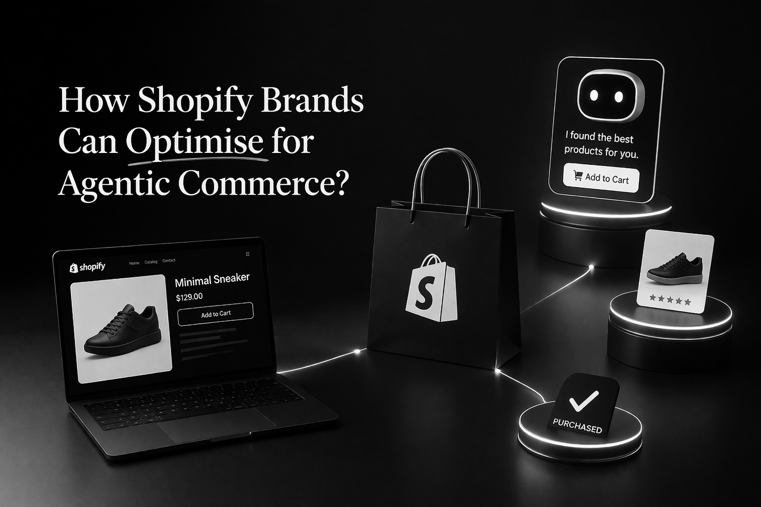 AI-driven eCommerce visual showing Shopify brands optimising for agentic commerce in a black and white futuristic style